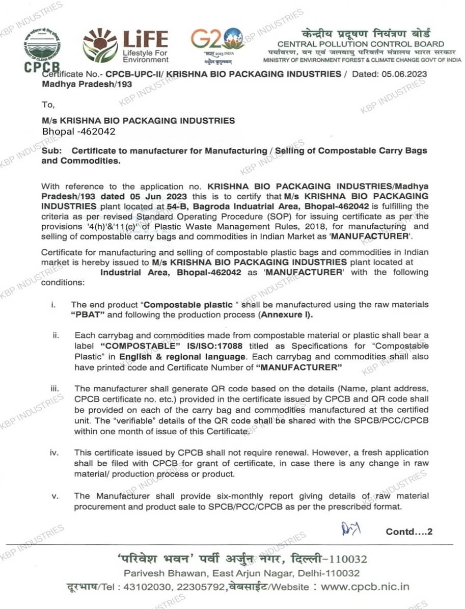 CPCB Certifications - Krishna Bio Packaging Industries